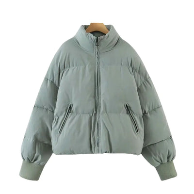 women's pea green winter cotton jacket with zipper pockets