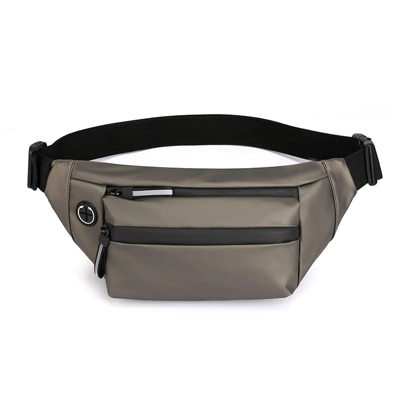 Gray waist bag with black belt and zippers on a white background
