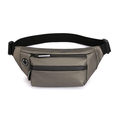 Gray waist bag with black belt and zippers on a white background