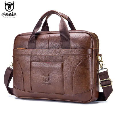 Brown leather briefcase with shoulder strap on a white background
