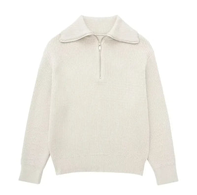 Beige ribbed sweater with a collar on a white background