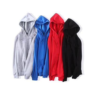Four hoodies in gray, blue, red, and black on a white background
