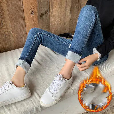 high waist fleece denim leggings front view