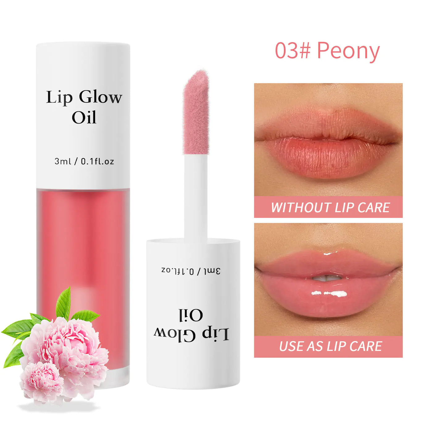 Lip Glow Oil with applicator, packaging, and close-up of lips wearing the product.