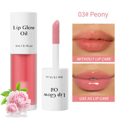 Lip Glow Oil with applicator, packaging, and close-up of lips wearing the product.
