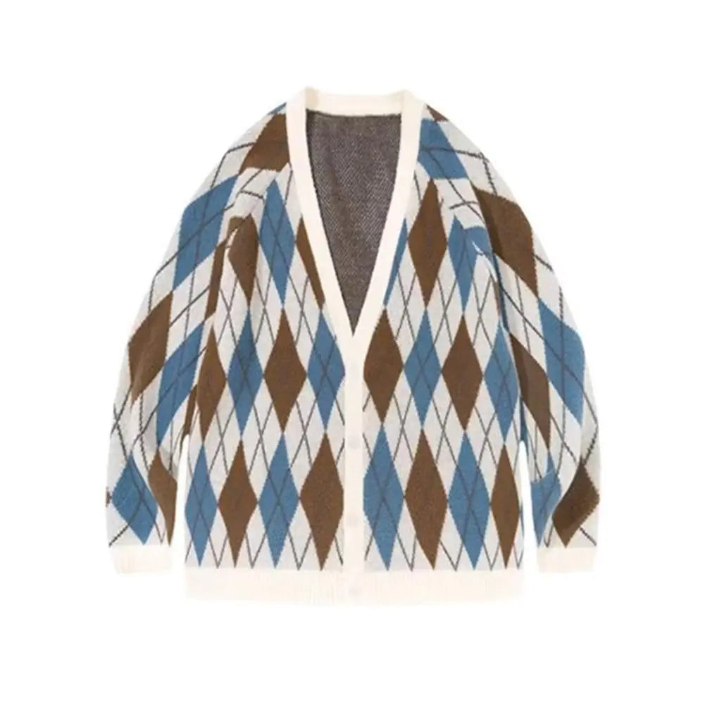Argyle patterned cardigan with brown and blue diamonds on a white background