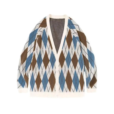 Argyle patterned cardigan with brown and blue diamonds on a white background