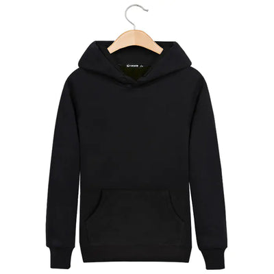 Black hoodie on a wooden hanger against a white background