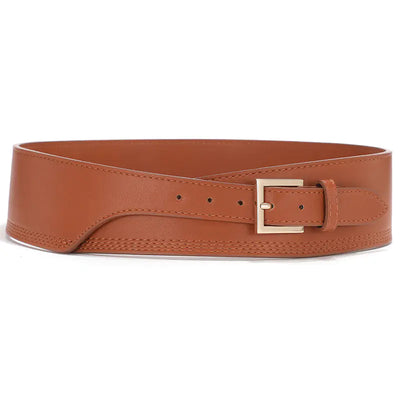 Brown leather belt with a gold buckle on a white background
