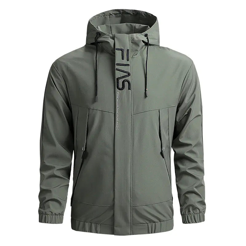 Gray jacket with a brand logo on a white background
