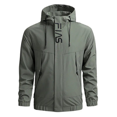 Gray jacket with a brand logo on a white background