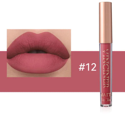 Lipstick with a close-up of lips wearing the shade, brand 'Vincent' visible