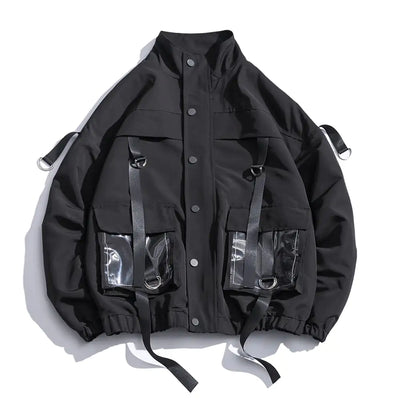 Black jacket with multiple pockets and straps on a white background