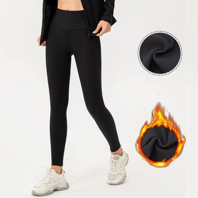 Person wearing black leggings with close-up of fabric texture and fire effect on a white background