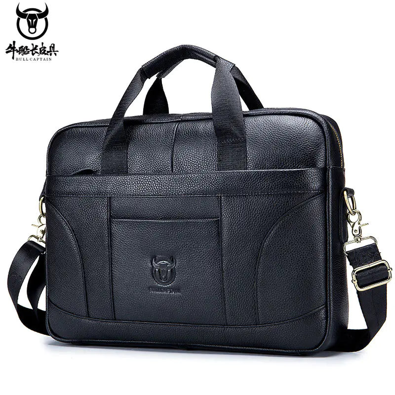 Black leather briefcase with shoulder strap on a white background