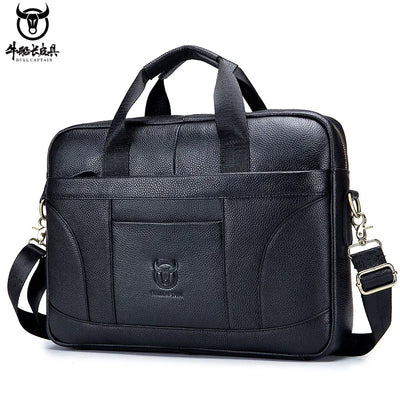 Black leather briefcase with shoulder strap on a white background