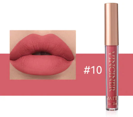 Lipstick with a close-up of lips wearing the shade, on a white background