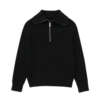 Black sweater with a collar and zipper on a white background