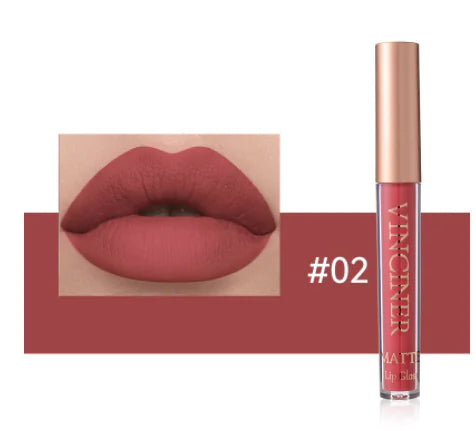 Lipstick with a close-up of lips wearing the color, brand 'VINCIER' visible