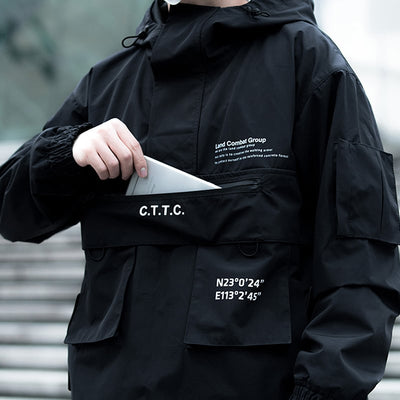 Person wearing a black jacket with text, holding a white pouch with 'C.T.C.' branding.