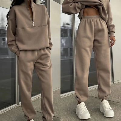 Beige tracksuit worn by a person with white sneakers, shown from different angles.