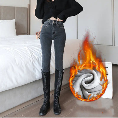 high waist fleece denim leggings with boots