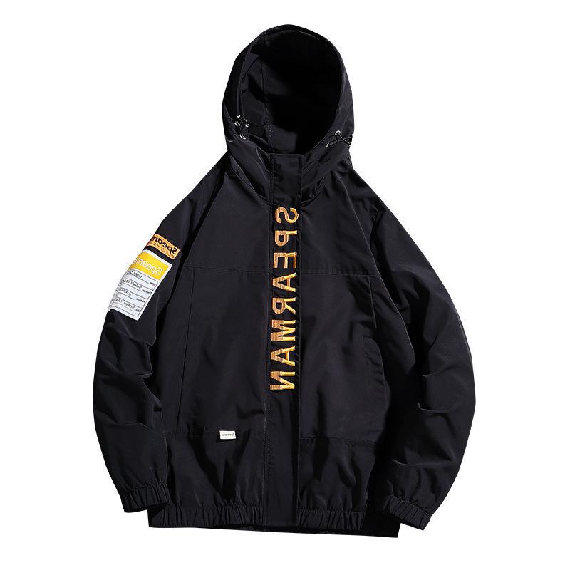 Black jacket with yellow text on a white background