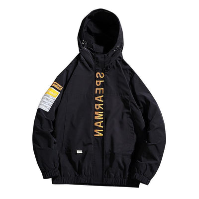 Black jacket with yellow text on a white background
