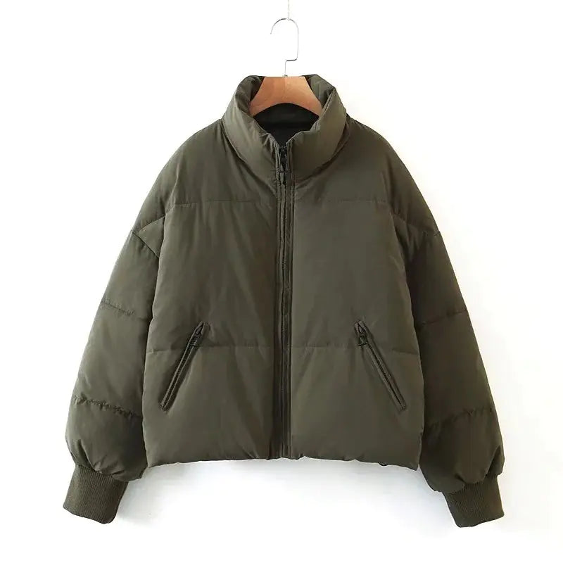 women's green winter cotton jacket with zipper pockets