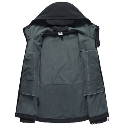 Gray jacket with multiple pockets and a hood on a white background