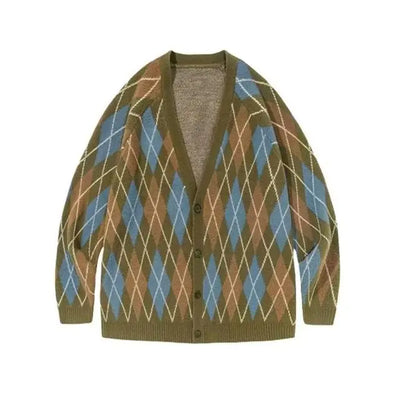 Green cardigan with blue and brown diamond pattern on a white background