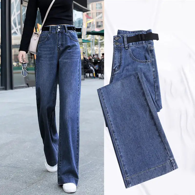 Korean Wide-leg Drape Denim Pants black front view