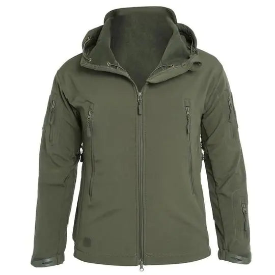 Green tactical jacket with a hood on a white background