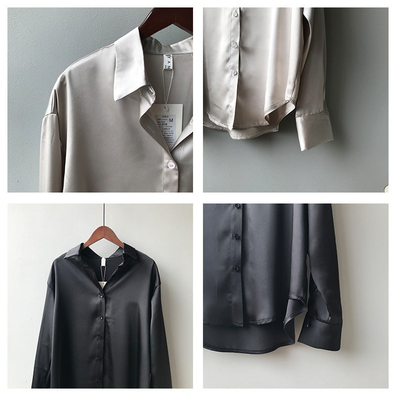 Collage of a light gray and black satin shirt on hangers against neutral backgrounds.
