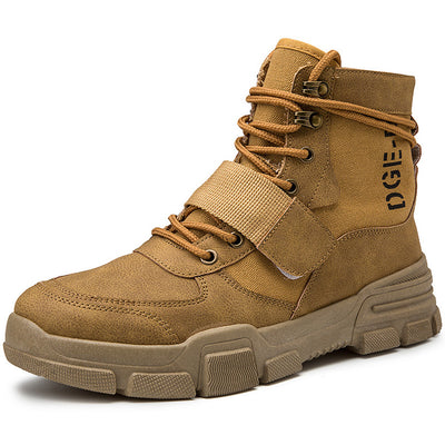 Tan tactical boot with brand name on a white background