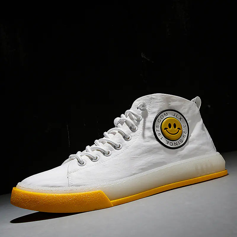 White high-top sneaker with yellow sole on a dark background