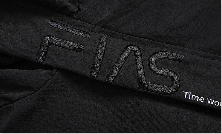Black jacket with 'Fias' logo and text on a dark background