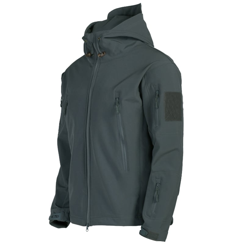 Gray tactical jacket with a patch on a white background