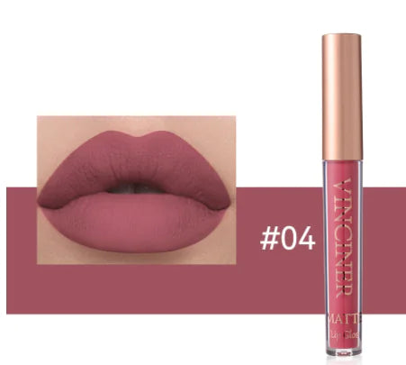 Lipstick with a close-up of lips wearing the shade, brand 'Vancrop' visible