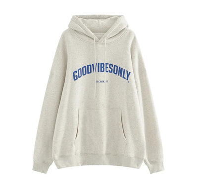Gray hoodie with blue text on a white background