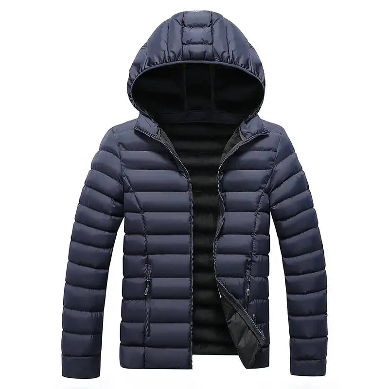 Blue puffer jacket with a hood on a white background