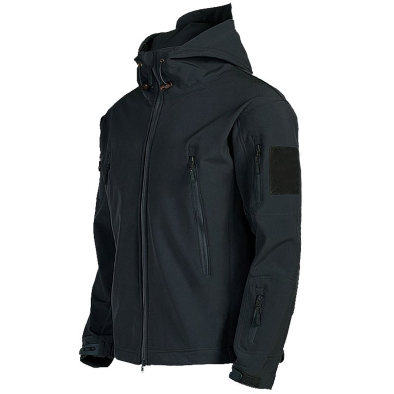 Black tactical jacket with patches on a white background
