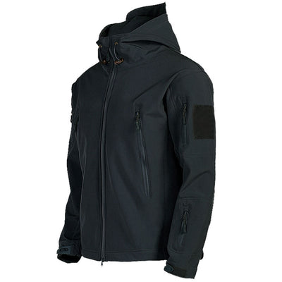 Black tactical jacket with patches on a white background