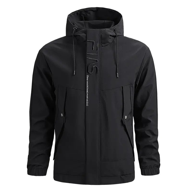 Black hooded jacket with brand logo on a white background