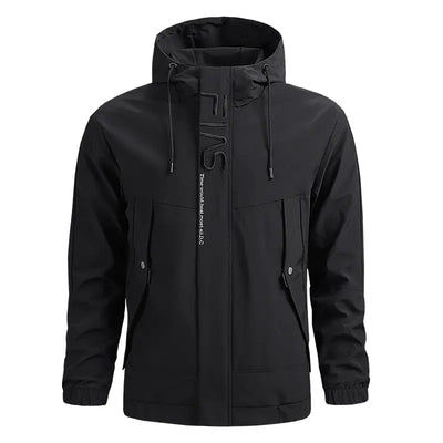 Black hooded jacket with brand logo on a white background