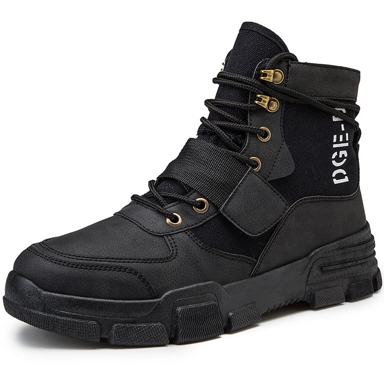 Black high-top boot with gold accents on a white background