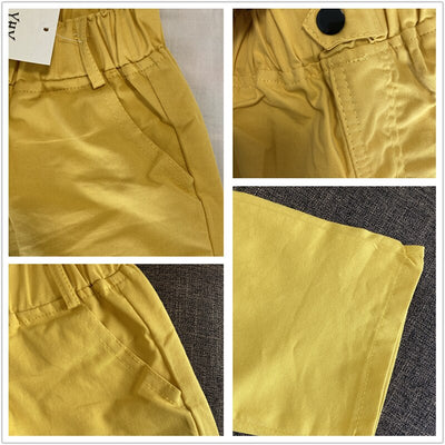 close-up Collage of yellow pants showing texture, button, and fabric details.