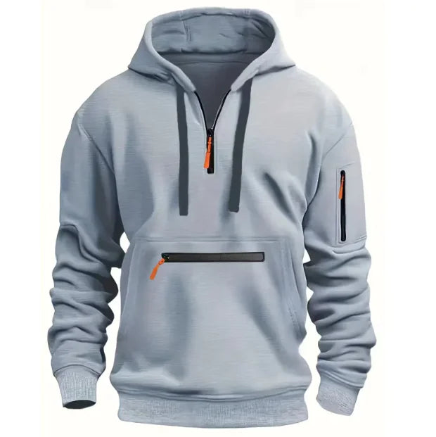 Gray hoodie with zipper details on a white background