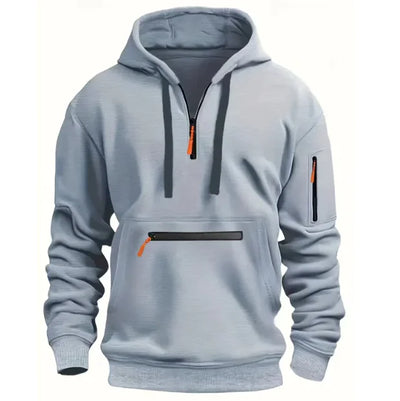 Gray hoodie with zipper details on a white background
