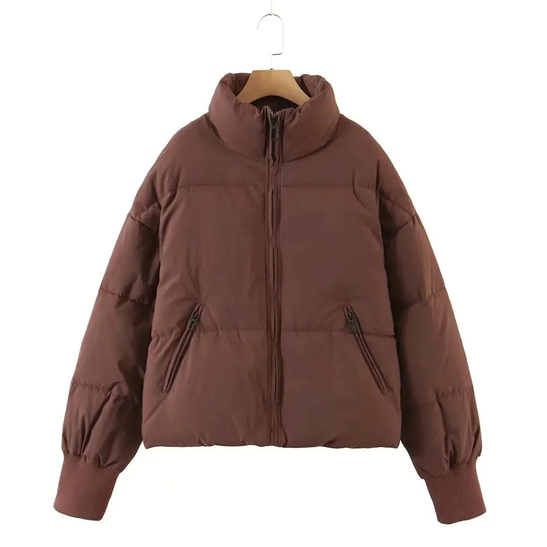 women's chocolate winter cotton jacket with zipper pockets